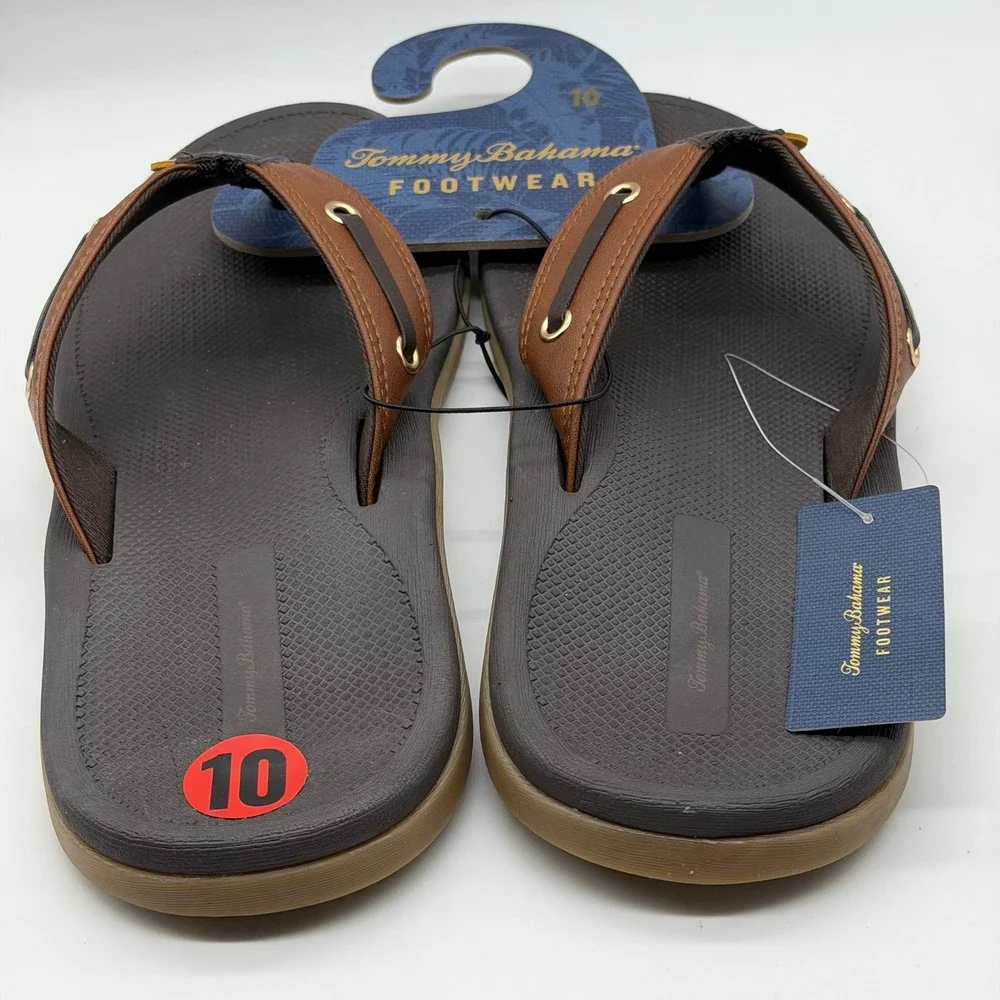 Tommy Bahama Mens Leather Sandals Brown Tan Thong Boat Shoe Detail Size 10